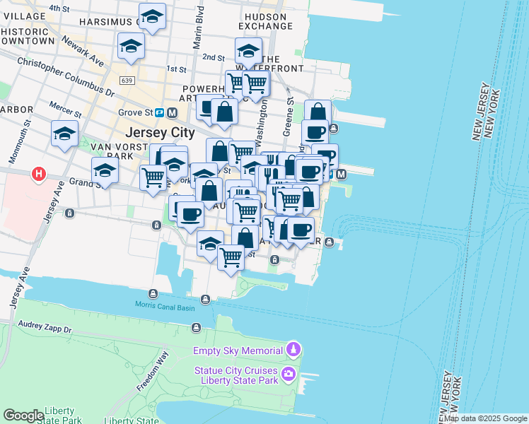 map of restaurants, bars, coffee shops, grocery stores, and more near 77 Sussex Street in Jersey City
