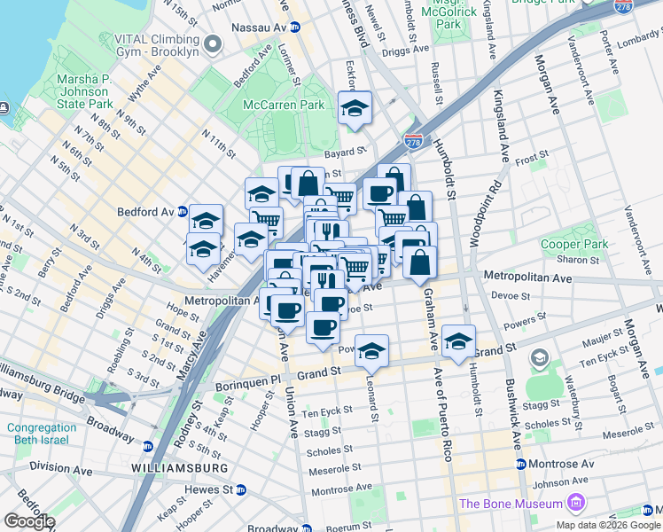 map of restaurants, bars, coffee shops, grocery stores, and more near in Brooklyn