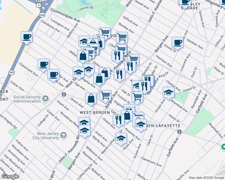 map of restaurants, bars, coffee shops, grocery stores, and more near in Jersey City