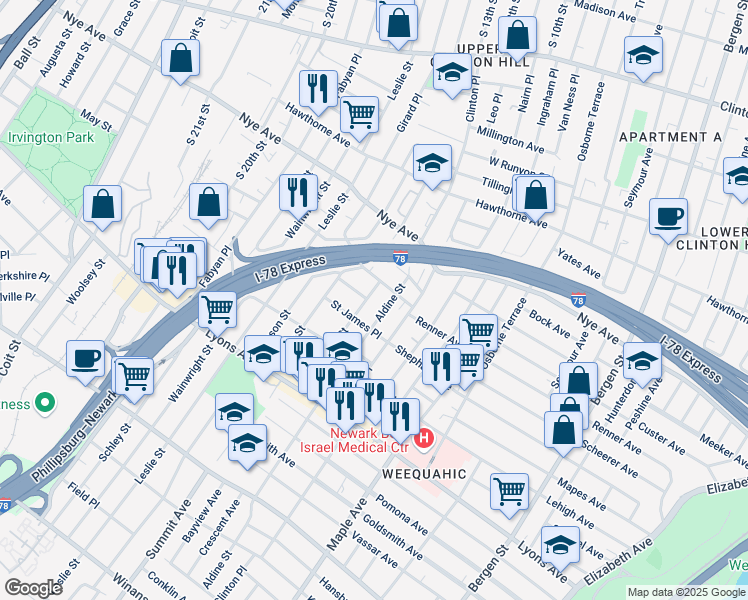 map of restaurants, bars, coffee shops, grocery stores, and more near 36 Aldine Street in Newark