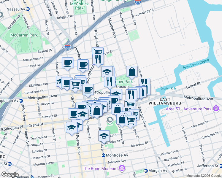map of restaurants, bars, coffee shops, grocery stores, and more near 71 Olive Street in Brooklyn