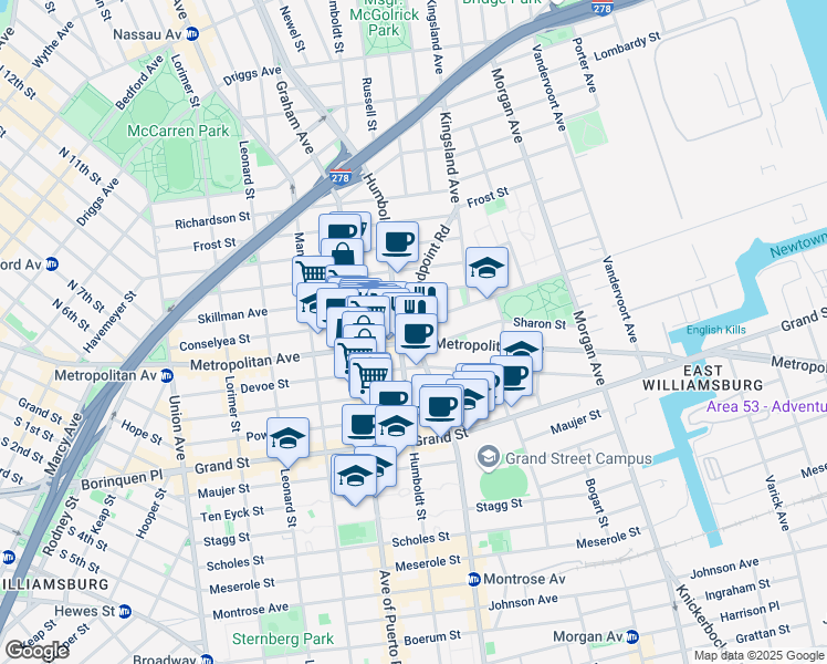 map of restaurants, bars, coffee shops, grocery stores, and more near Bushwick Ave & Maspeth Ave in Brooklyn
