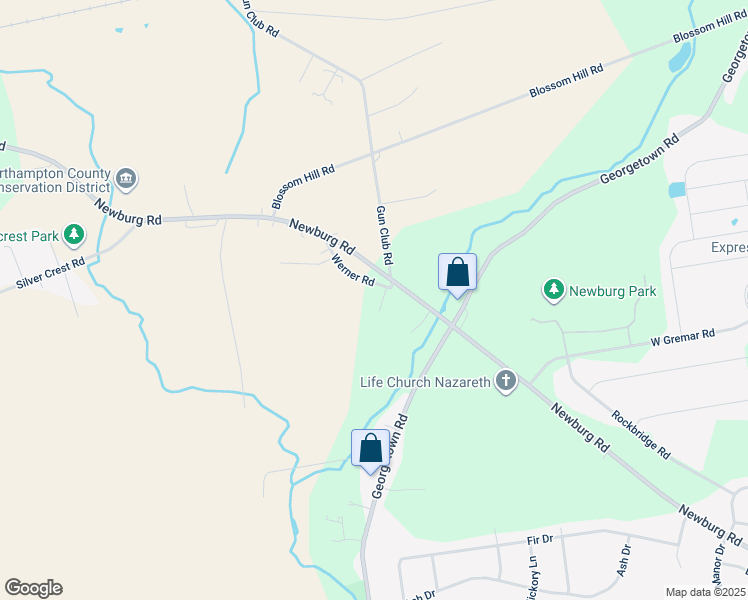 map of restaurants, bars, coffee shops, grocery stores, and more near 3031 Werner Road in Nazareth