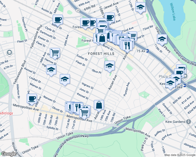 map of restaurants, bars, coffee shops, grocery stores, and more near 72nd Avenue in Queens