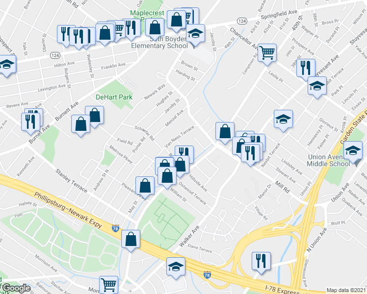 map of restaurants, bars, coffee shops, grocery stores, and more near 56 Van Ness Court in Maplewood
