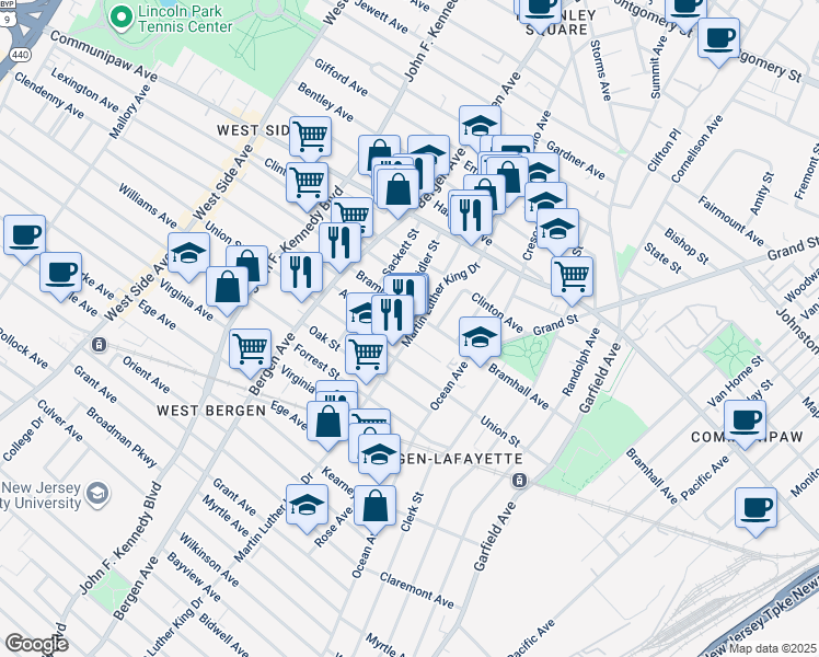 map of restaurants, bars, coffee shops, grocery stores, and more near 481 Martin Luther King Drive in Jersey City