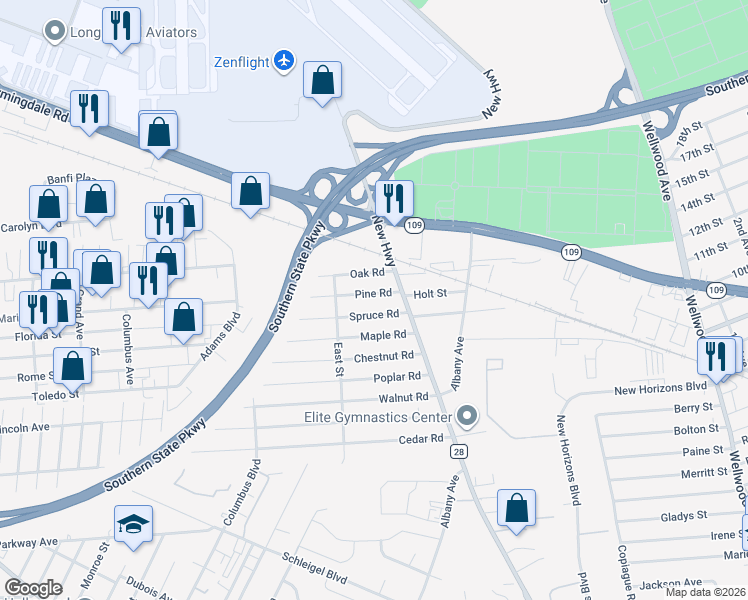map of restaurants, bars, coffee shops, grocery stores, and more near 10 Spruce Road in Amityville