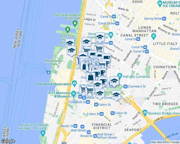 map of restaurants, bars, coffee shops, grocery stores, and more near 77 Warren Street in New York