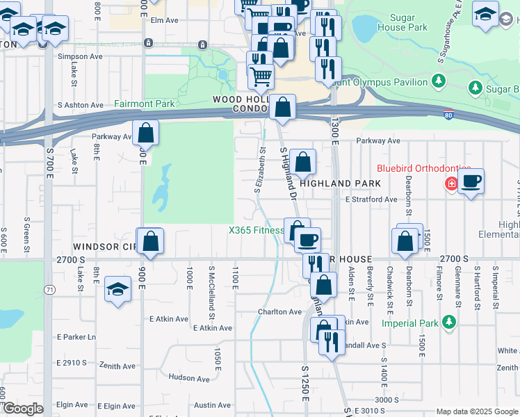 map of restaurants, bars, coffee shops, grocery stores, and more near 2582 South Elizabeth Street in Salt Lake City