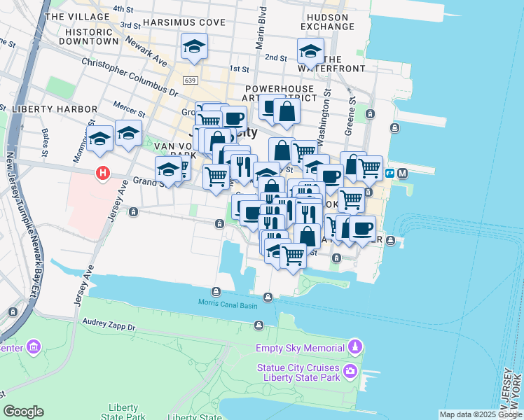 map of restaurants, bars, coffee shops, grocery stores, and more near 207 Warren Street in Jersey City