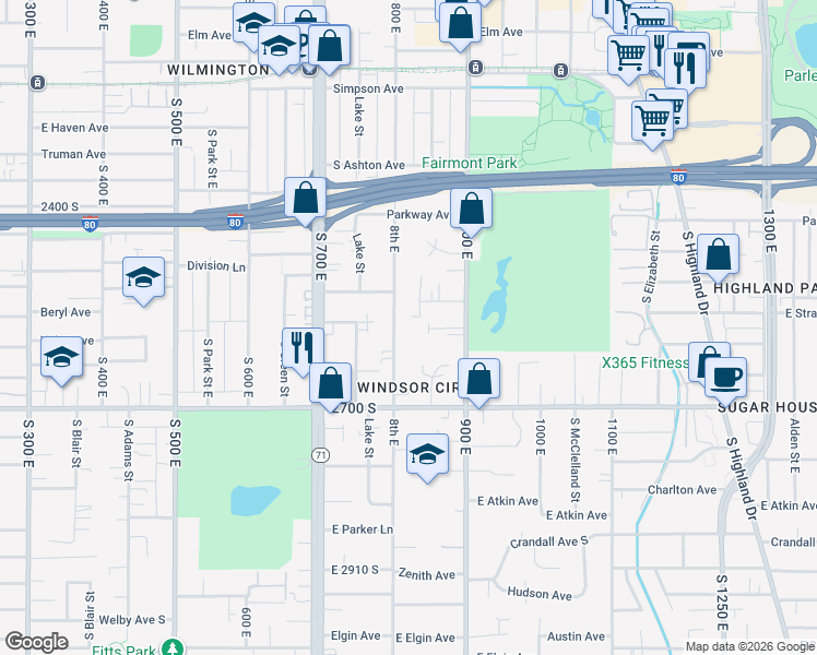 map of restaurants, bars, coffee shops, grocery stores, and more near 2588 900 East in Salt Lake City