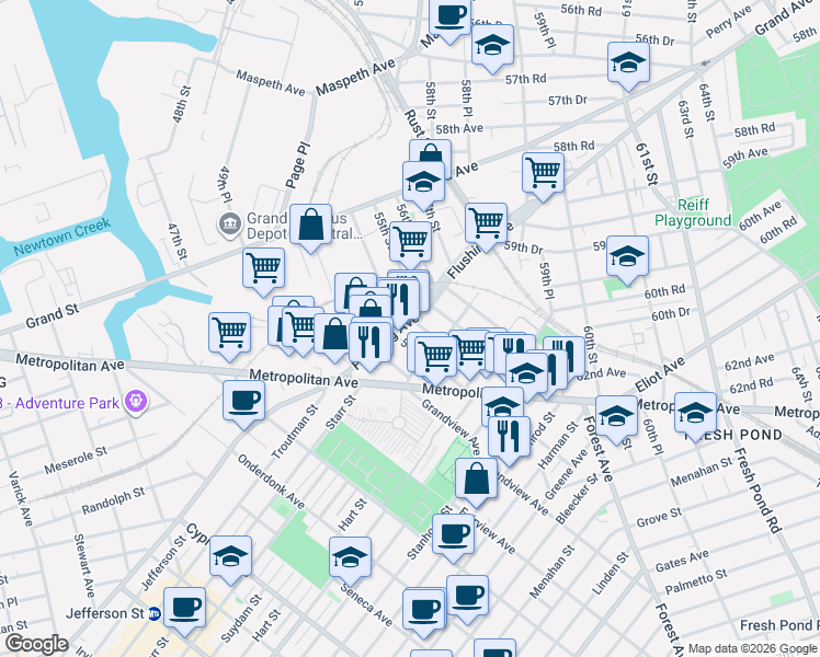 map of restaurants, bars, coffee shops, grocery stores, and more near 54-16 Flushing Avenue in Queens