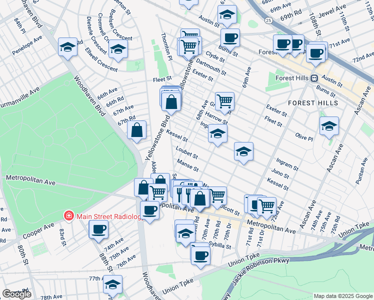 map of restaurants, bars, coffee shops, grocery stores, and more near 68-16 Loubet Street in Queens