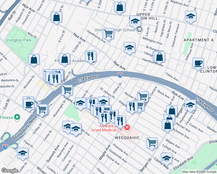 map of restaurants, bars, coffee shops, grocery stores, and more near 38 Willoughby Street in Newark