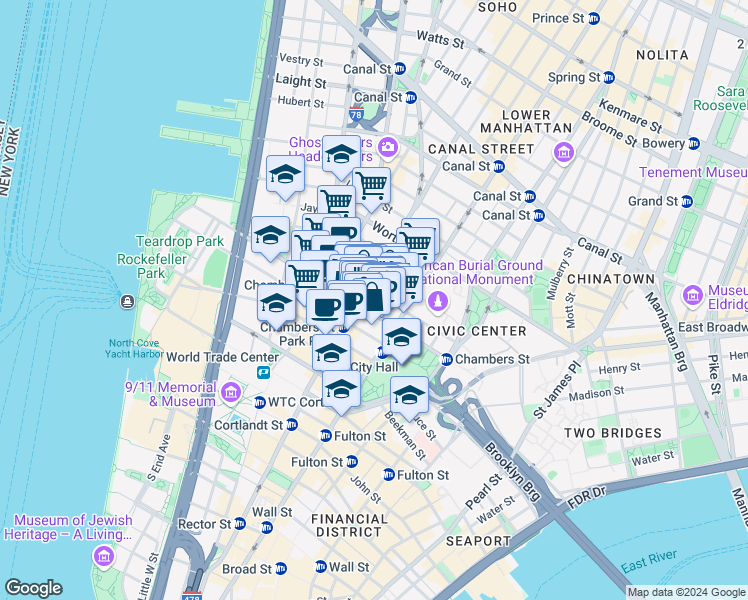map of restaurants, bars, coffee shops, grocery stores, and more near 77 Reade Street in New York