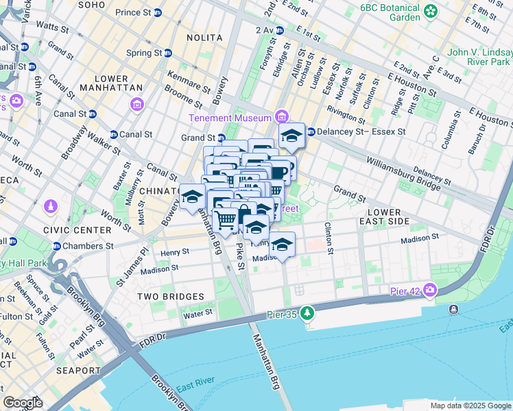 map of restaurants, bars, coffee shops, grocery stores, and more near 130 Division Street in New York