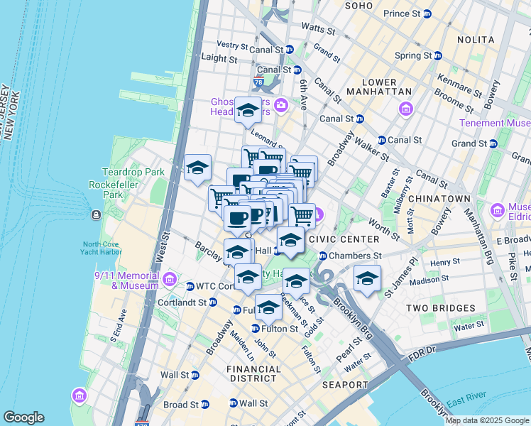 map of restaurants, bars, coffee shops, grocery stores, and more near 165 Church Street in New York