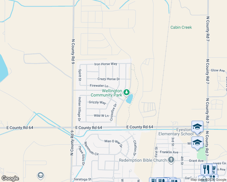 map of restaurants, bars, coffee shops, grocery stores, and more near 3430 White Buffalo Drive in Wellington