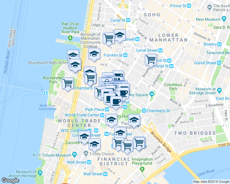 map of restaurants, bars, coffee shops, grocery stores, and more near 105 Chambers St in New York