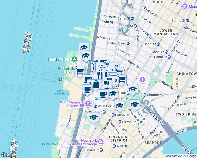 map of restaurants, bars, coffee shops, grocery stores, and more near 89 Murray Street in New York