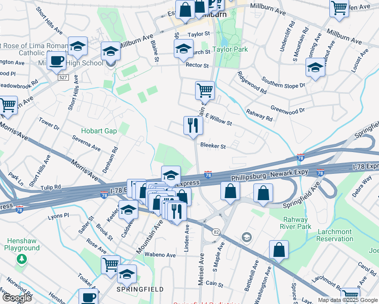 map of restaurants, bars, coffee shops, grocery stores, and more near 291 Main Street in Millburn