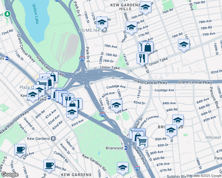 map of restaurants, bars, coffee shops, grocery stores, and more near 135-24 Coolidge Avenue in Queens