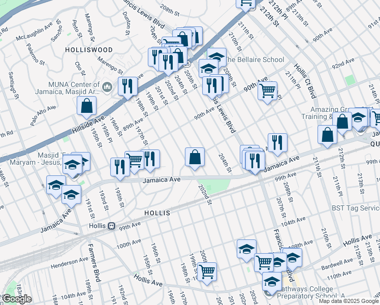 map of restaurants, bars, coffee shops, grocery stores, and more near 90-58 201st Street in Queens