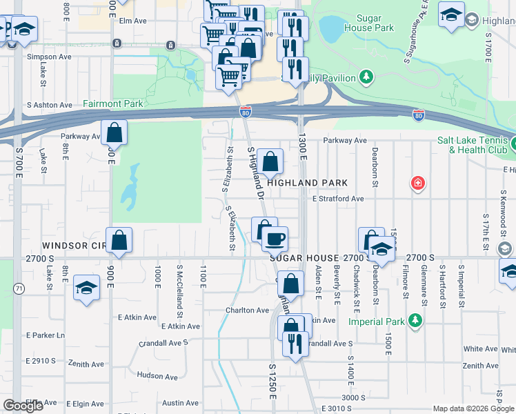 map of restaurants, bars, coffee shops, grocery stores, and more near 1202 East Crystal Avenue in Salt Lake City