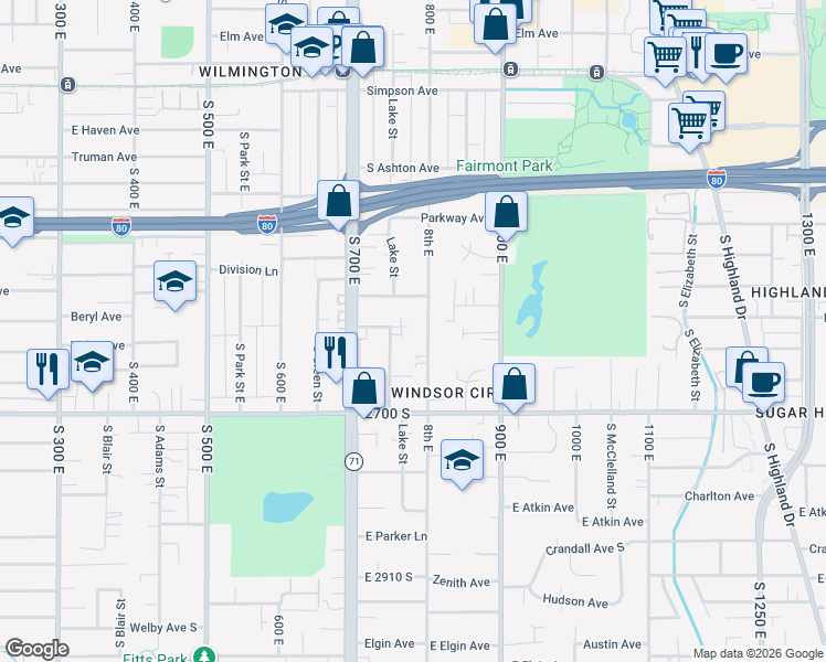 map of restaurants, bars, coffee shops, grocery stores, and more near 2582 800 East in Salt Lake City