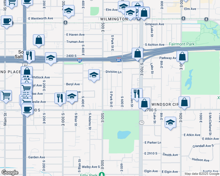 map of restaurants, bars, coffee shops, grocery stores, and more near 2580 Park Street East in Salt Lake City