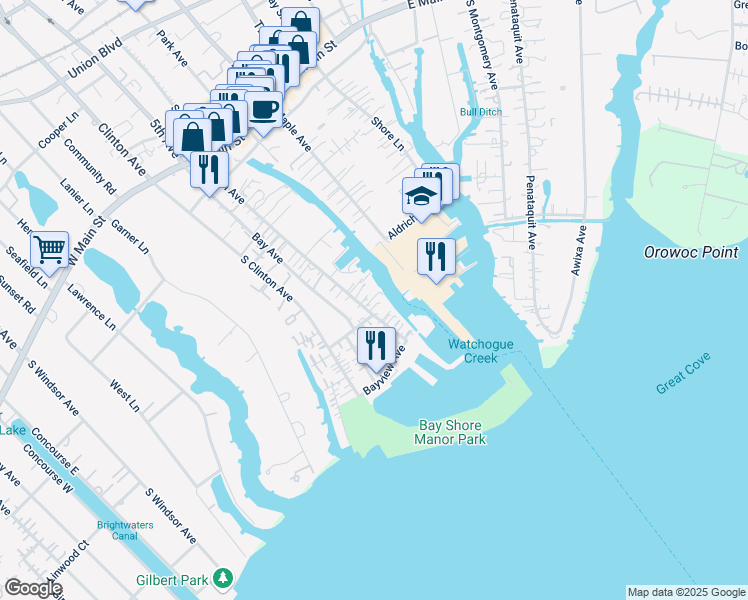 map of restaurants, bars, coffee shops, grocery stores, and more near 2 Lawrence Avenue in Bay Shore
