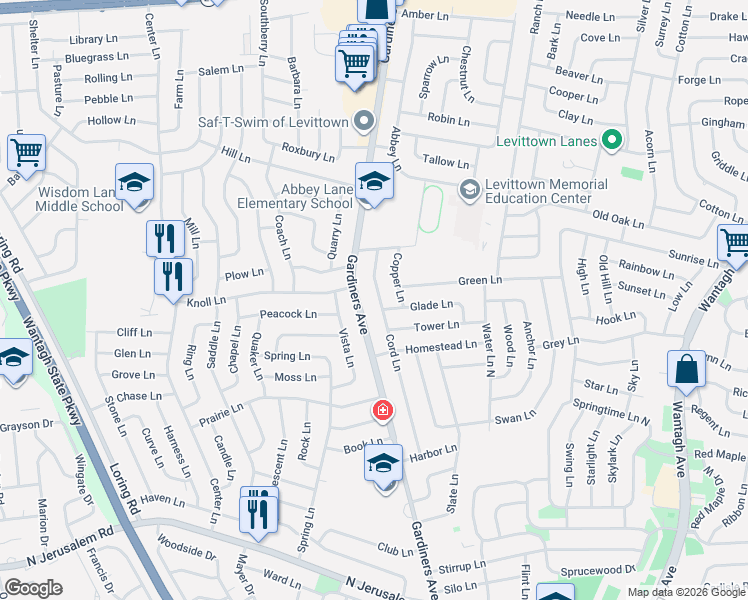 map of restaurants, bars, coffee shops, grocery stores, and more near 39 Cord Lane in Levittown