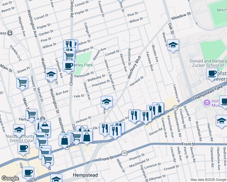 map of restaurants, bars, coffee shops, grocery stores, and more near 144 Harvard Street in Hempstead