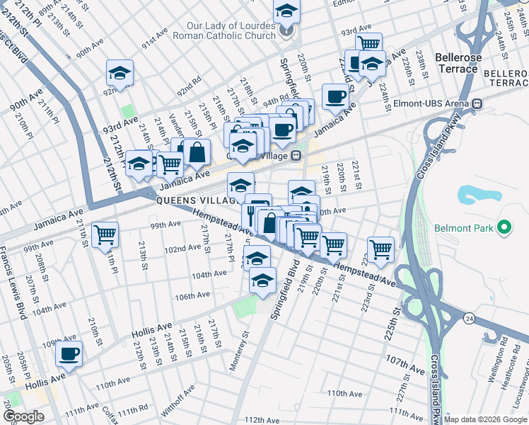map of restaurants, bars, coffee shops, grocery stores, and more near 217-83 Hempstead Avenue in Queens