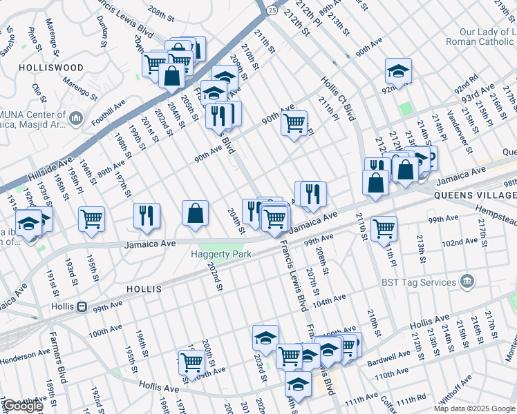 map of restaurants, bars, coffee shops, grocery stores, and more near 94-02 Francis Lewis Boulevard in Queens