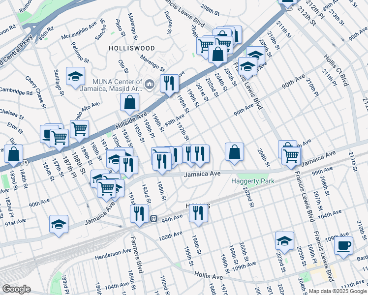 map of restaurants, bars, coffee shops, grocery stores, and more near 90-15 196th Street in Queens