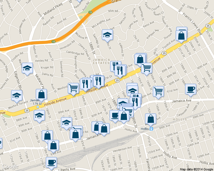 map of restaurants, bars, coffee shops, grocery stores, and more near in Queens