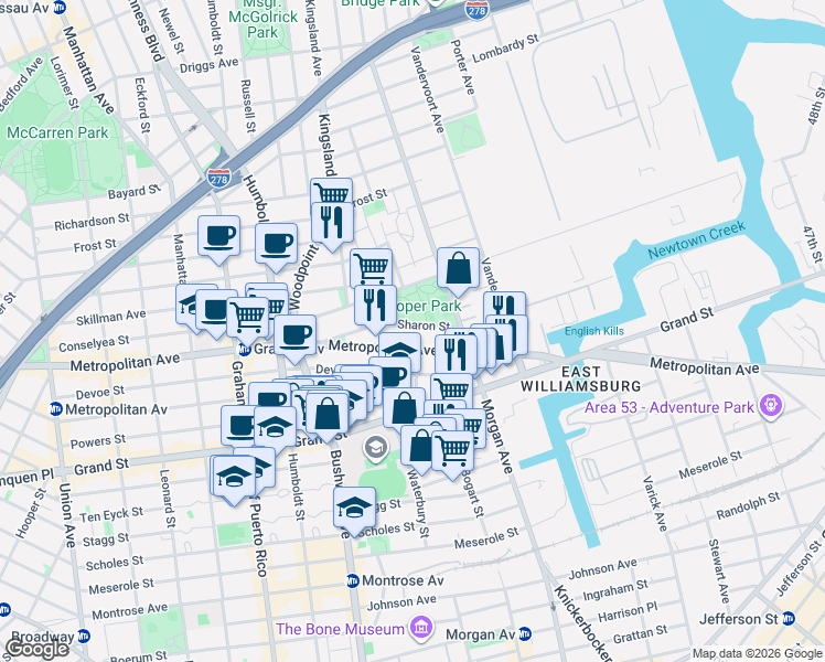 map of restaurants, bars, coffee shops, grocery stores, and more near 928 Metropolitan Avenue in Brooklyn