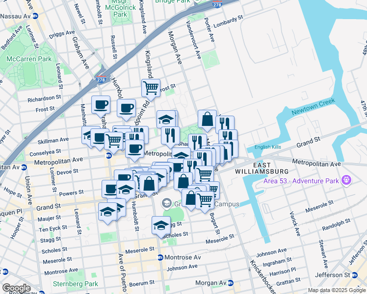 map of restaurants, bars, coffee shops, grocery stores, and more near 928 Metropolitan Avenue in Brooklyn