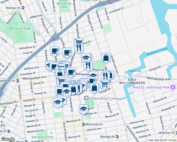 map of restaurants, bars, coffee shops, grocery stores, and more near 890 Metropolitan Avenue in Brooklyn