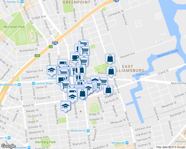 map of restaurants, bars, coffee shops, grocery stores, and more near 890 Metropolitan Avenue in Brooklyn