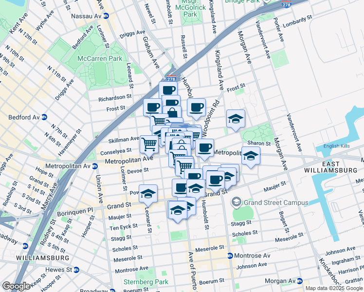 map of restaurants, bars, coffee shops, grocery stores, and more near 752 Metropolitan Avenue in Brooklyn