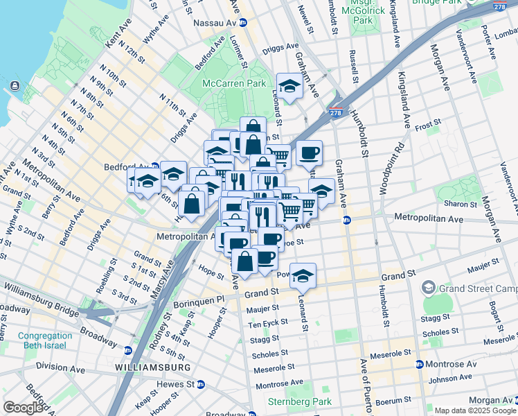 map of restaurants, bars, coffee shops, grocery stores, and more near 609 Lorimer Street in Brooklyn