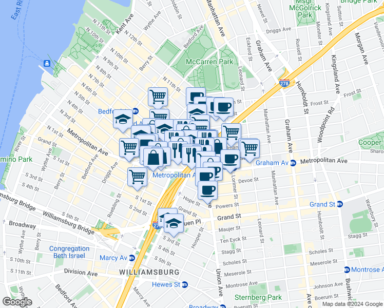 map of restaurants, bars, coffee shops, grocery stores, and more near 498 Metropolitan Avenue in Brooklyn
