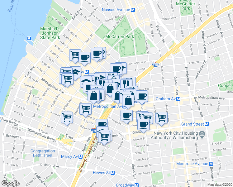 map of restaurants, bars, coffee shops, grocery stores, and more near 498 Metropolitan Avenue in Brooklyn