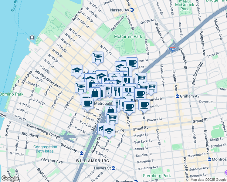 map of restaurants, bars, coffee shops, grocery stores, and more near 498 Metropolitan Avenue in Brooklyn