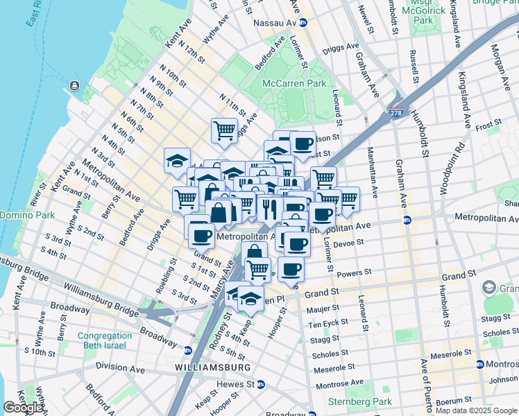 map of restaurants, bars, coffee shops, grocery stores, and more near 498 Metropolitan Avenue in Brooklyn