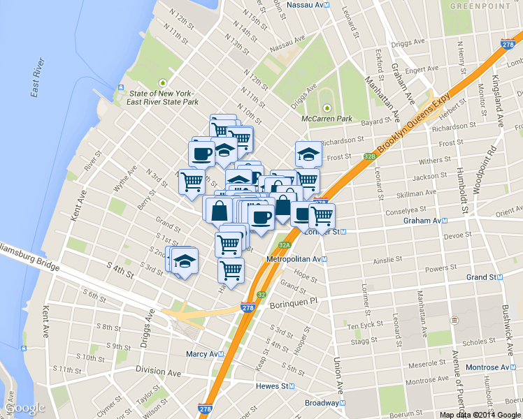 map of restaurants, bars, coffee shops, grocery stores, and more near 362 Metropolitan Avenue in Brooklyn