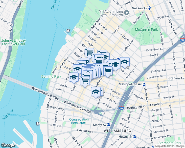 map of restaurants, bars, coffee shops, grocery stores, and more near 172 North 1st Street in Brooklyn
