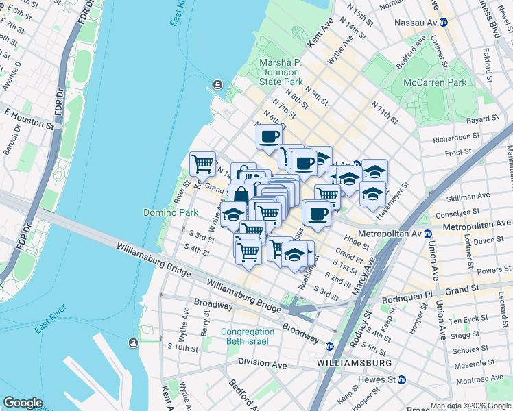 map of restaurants, bars, coffee shops, grocery stores, and more near 156 Grand Street in Brooklyn